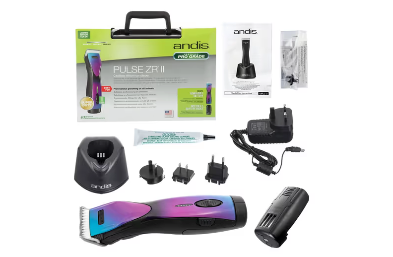 Andis Pulse ZR II Purple Galaxy - Tosatrice professionale per animali senza fili a cinque velocità con 2 batterie e lama CeramicEdge n. 10 (1,5 mm), edizione limitata