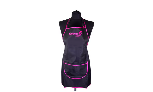 Grembiule da toelettatura con tasca, impermeabile, nero con bordino rosa, taglia unica