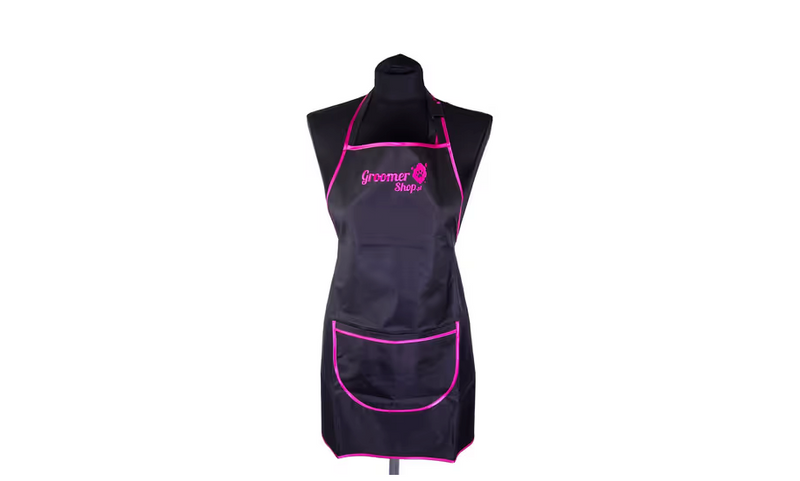 Grembiule da toelettatura con tasca, impermeabile, nero con bordino rosa, taglia unica