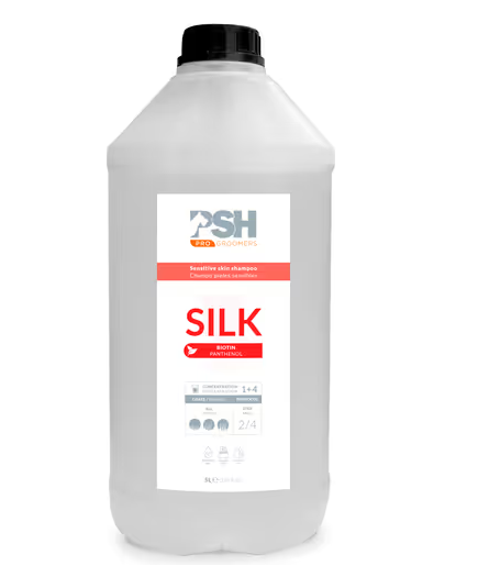 Shampoo  PSH Pro Silk - con biotina e seta per cani con pelo lungo e pelle sensibile, concentrato 1:4 - 5L
